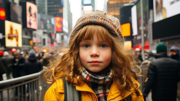 Adorable girl in a cute knitted hat posing confidently on the bustling city street