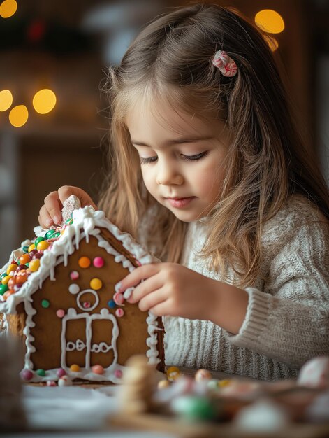 Photo adorable girl decorating gingerbread house for festive season