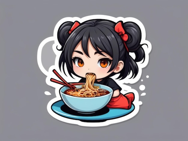 Adorable girl enjoying a delicious noodle bowl Mascot character perfect for restaurants logos