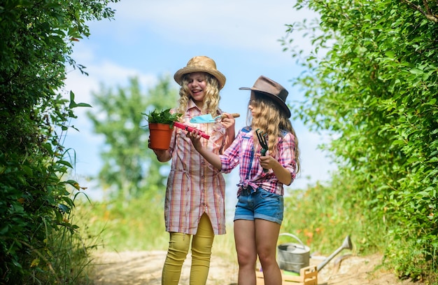 Adorable girls in hats going planting plants. Kids siblings having fun at farm. Eco farming concept. Girls with gardening tools. Sisters helping at farm. On way to family farm. Agriculture concept.