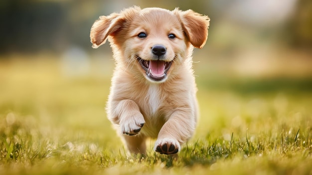 Photo adorable golden puppy running on green grass in sunlit park capturing joy and playfulness in nature