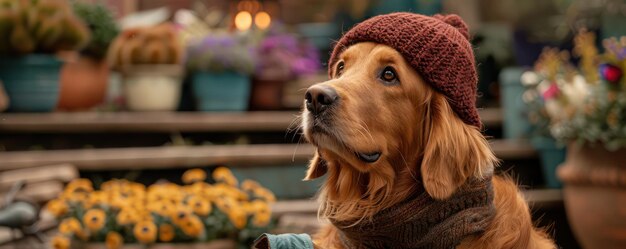 Adorable Golden Retriever Dog Wearing a Stylish Beanie and Scarf Pet Fashion Cozy Winter Outfit