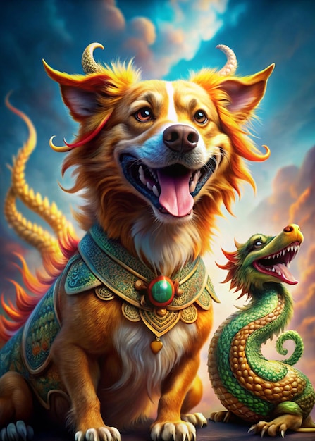 Photo adorable golden retriever dog with dragon design illustration for wallpapers and backgrounds best