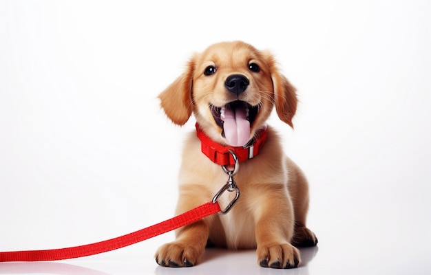 Adorable Golden Retriever dog with leash on white background