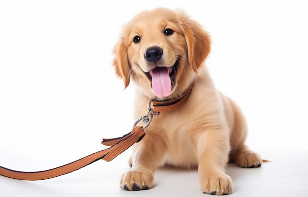 Adorable Golden Retriever dog with leash on white background