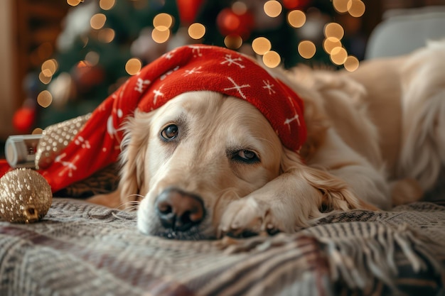 Adorable Golden Retriever Dressed in Festive Red Santa Hat for Christmas Relaxing by the Christmas