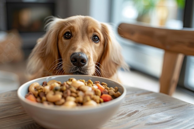 Adorable Golden Retriever Enjoying a Meal of Dry Dog Food in a Stainless Steel Bowl