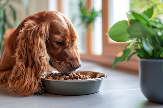 Adorable Golden Retriever Enjoying a Meal of Dry Dog Food in a Stainless Steel Bowl