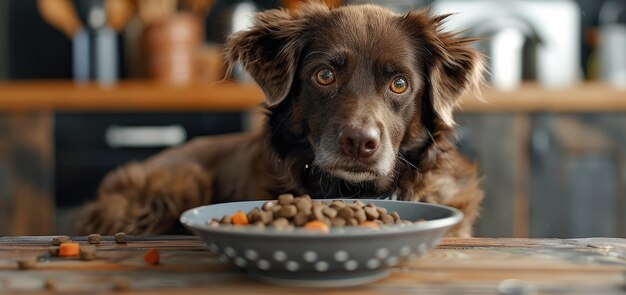 Adorable Golden Retriever Enjoying a Meal of Dry Dog Food in a Stainless Steel Bowl