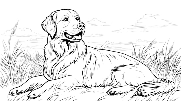 Photo adorable golden retriever in open field sceneryminimalist black and white sketch art