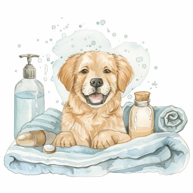 Photo adorable golden retriever puppy in bath setting with shampoo and towel illustration