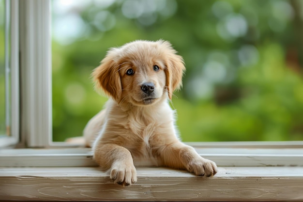 Adorable Golden Retriever Puppy Lying Down on Window Sill Looking Cute and Playful in Natural Light