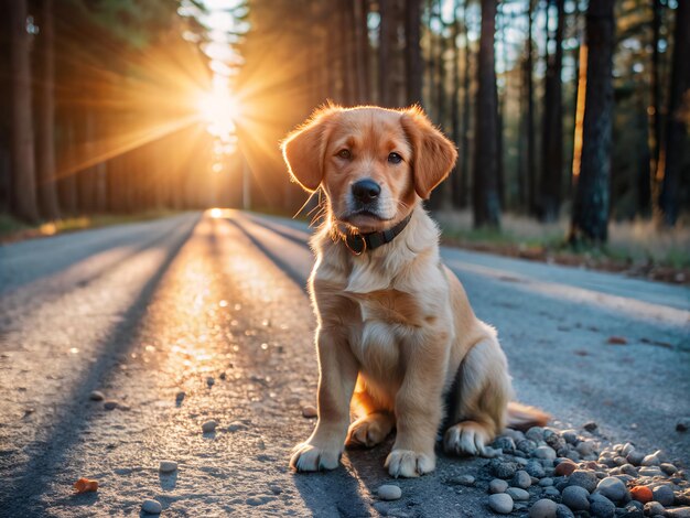 Adorable golden retriever puppy sitting on a forest road at sunset surrounded by trees and bathed in warm sunlight