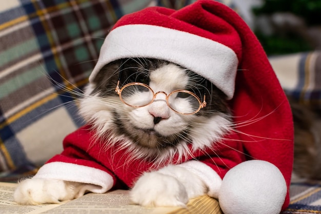 Adorable gray cat in a red Christmas hat is reading a book. christmas concept.