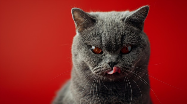 Photo an adorable gray cat with its tongue out photographed against a vibrant red background