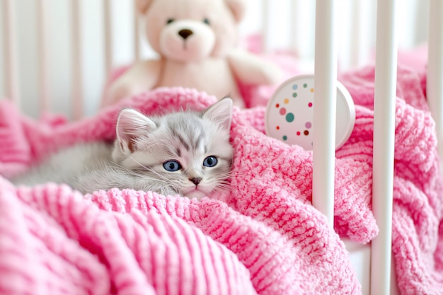 Photo adorable gray kitten relaxing in pink blanket in crib