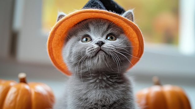 Adorable gray kitten wearing an orange witch hat with pumpkins during Halloween Generative AI