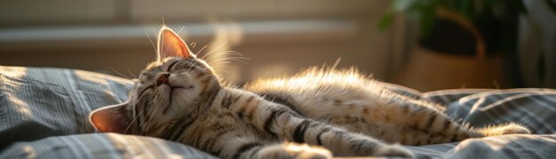 Photo adorable gray tabby kitten sleeping comfortably on a bed in warm sunlight peaceful cat nap cozy