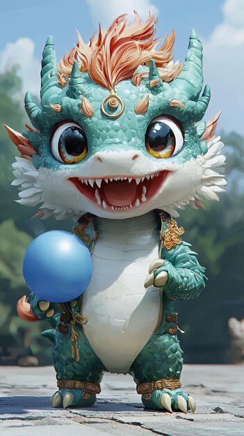 Photo adorable green dragon holding a blue balloon