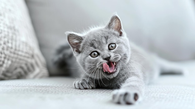 Photo adorable grey kitten lying on a couch