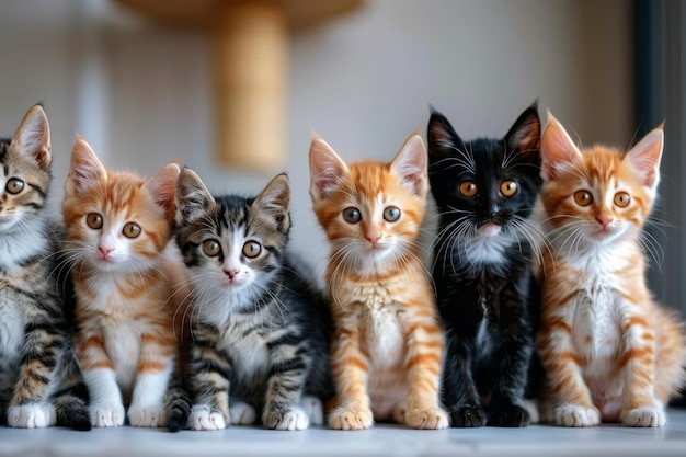 Adorable group of colorful cat kittens sitting together cute domestic pets in a row