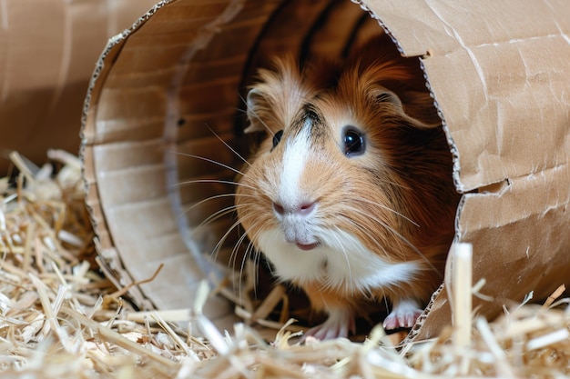 Photo adorable guinea pig in a cardboard tube on straw bedding ai