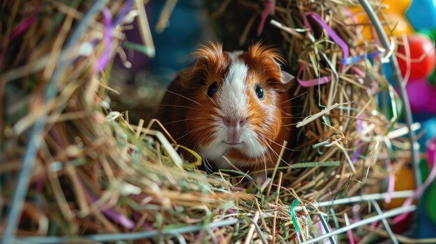 Photo adorable guinea pig in cozy hay nest