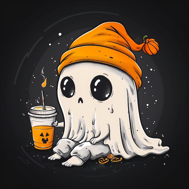 Adorable Halloween Ghost in Orange Beanie with Pumpkin and Flowers Cute Kawaii Vector Illustration