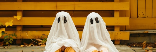 Adorable Halloween Ghosts in Fall Setting Two children dressed as ghosts with white sheets si