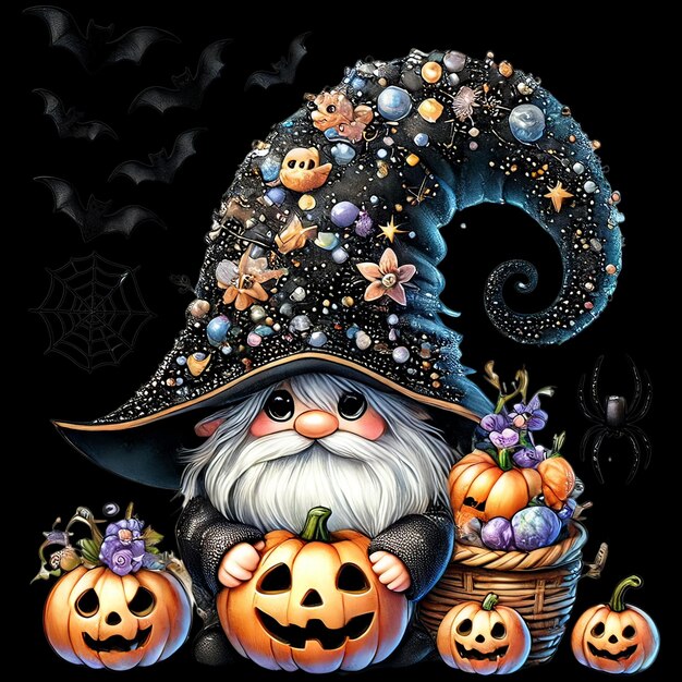 Photo adorable halloween gnome dressed as a witch with a pointed hat adorned with pumpkins and flowers