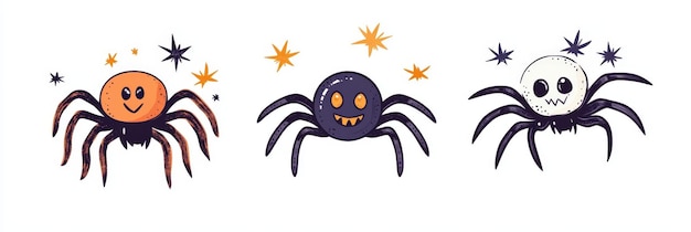 Photo adorable halloween spider trio in clipart doodle style on a white isolated background