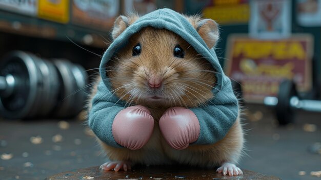 Adorable Hamster in a Hoodie with Boxing Gloves Generative AI