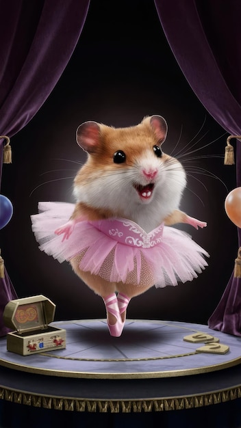 Photo an adorable hamster mouse dressed as a ballerina with a pink tutu and ballet shoes posing playfully