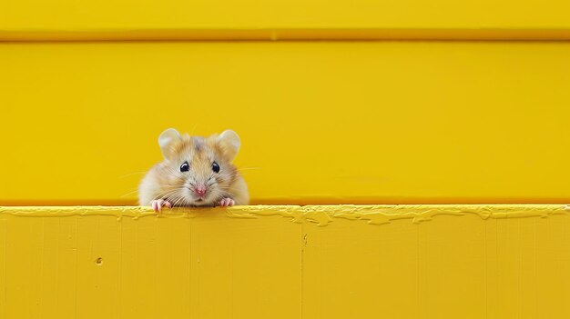 Adorable Hamster Peeking Over Yellow Divider Cute Rodent with Yellow Background Minimalistic and Bright Photo for Stock Use Ideal for Marketing and Advertising Campaigns AI