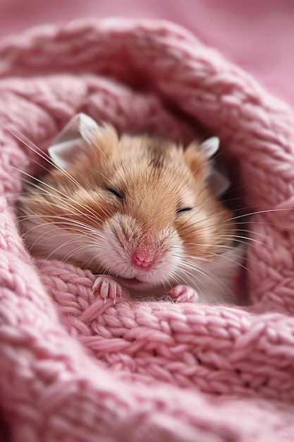 Photo adorable hamster sleeping in a pink blanket studio photography with a pink background