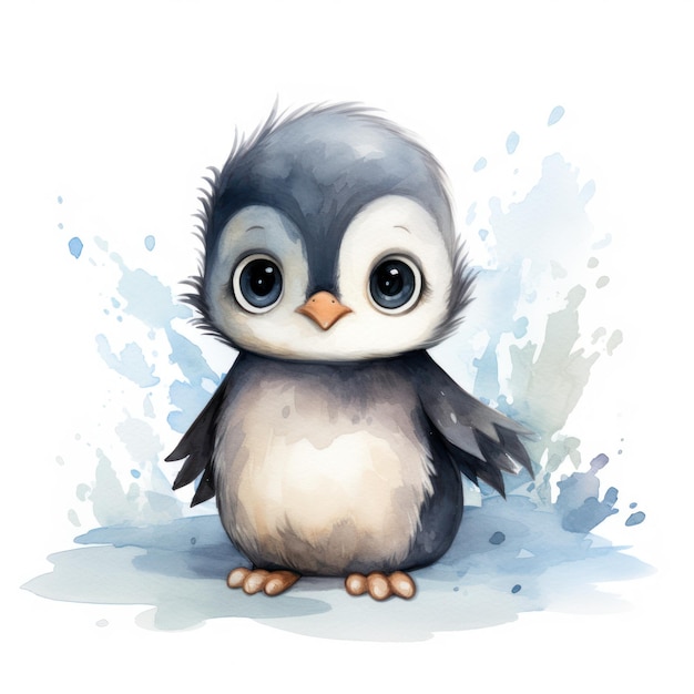 Adorable Handpainted Watercolor Baby Penguin Clipart on White Background AI Generated