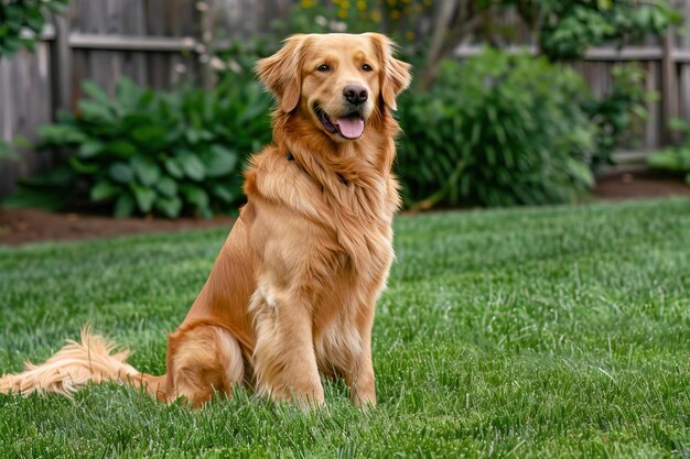 Photo adorable happy fluffy dog golden retriever on green lawn in backyard