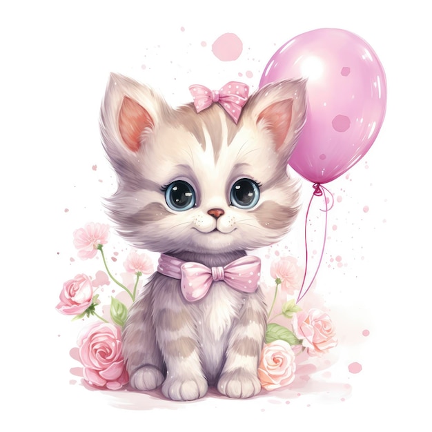 Adorable Happy Watercolor Kitten in Soft Pastel Colors Holo 1