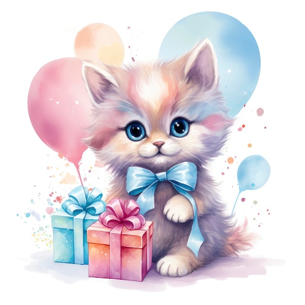 Adorable Happy Watercolor Kitten in Soft Pastel Colors Holo