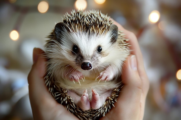 Photo adorable hedgehog in caring hands spiky pet portrait with festive lights