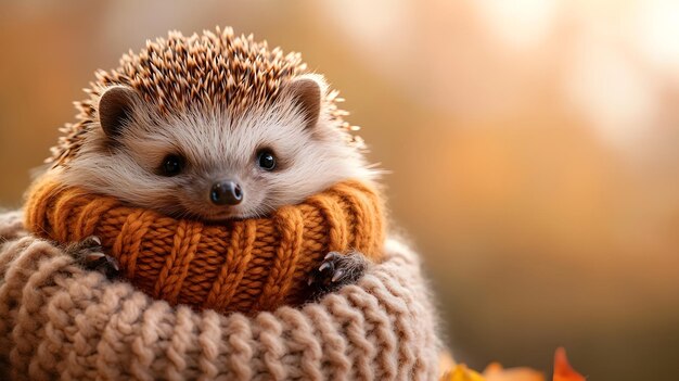 Photo adorable hedgehog curled up in orange knitted sweater in autumn woodland