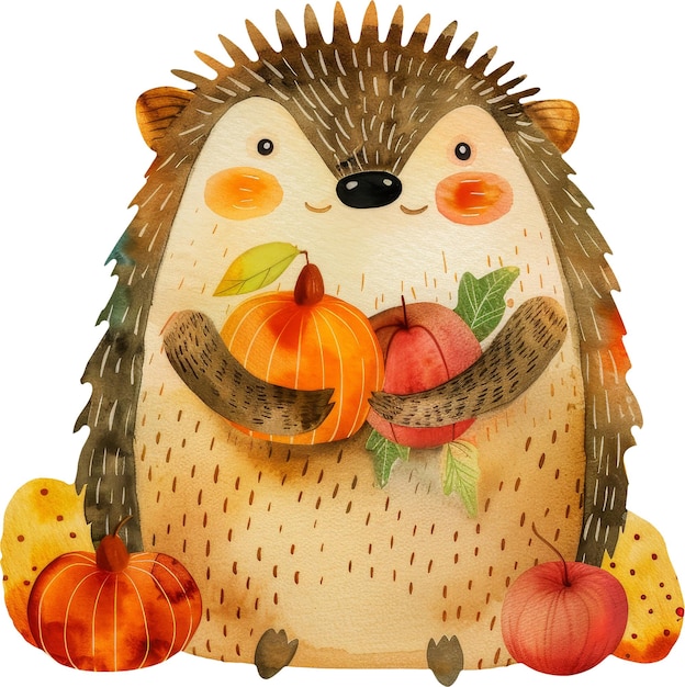 adorable hedgehog holding apples in watercolor style illustration for fall autumn harvest