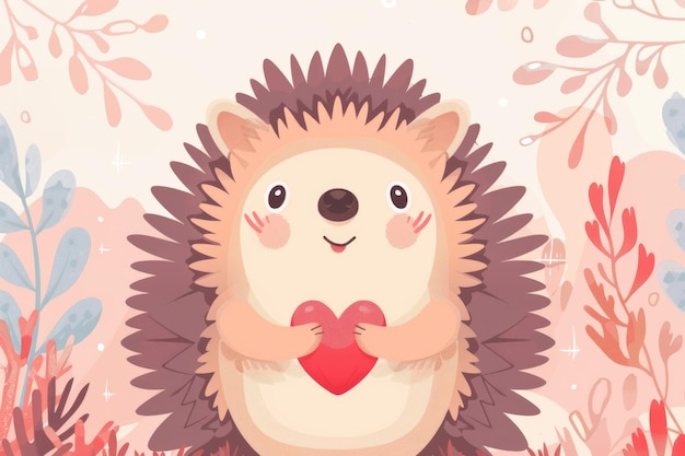 Photo adorable hedgehog holding heart amidst whimsical valentines day scene ai