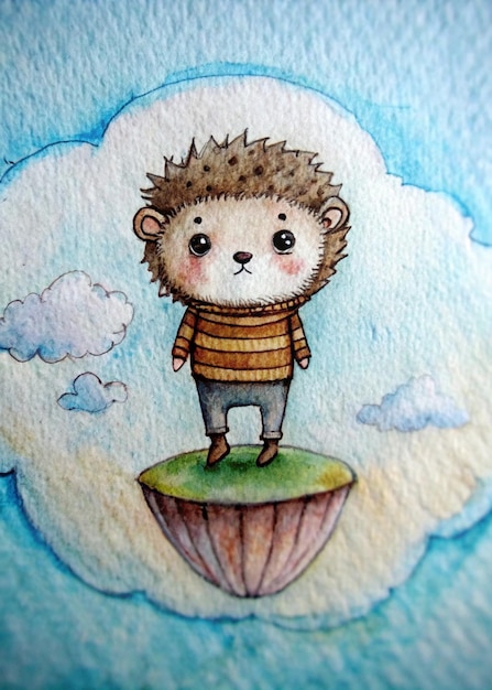 Photo adorable hedgehog illustration on floating island cute fantasy artwork for wall decor kids room