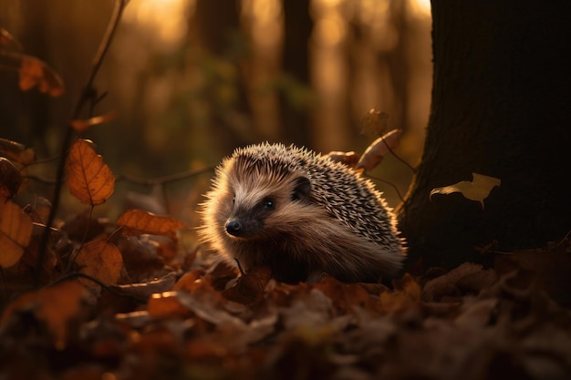 Adorable hedgehog in its natural habitat under the setting sun generative IA