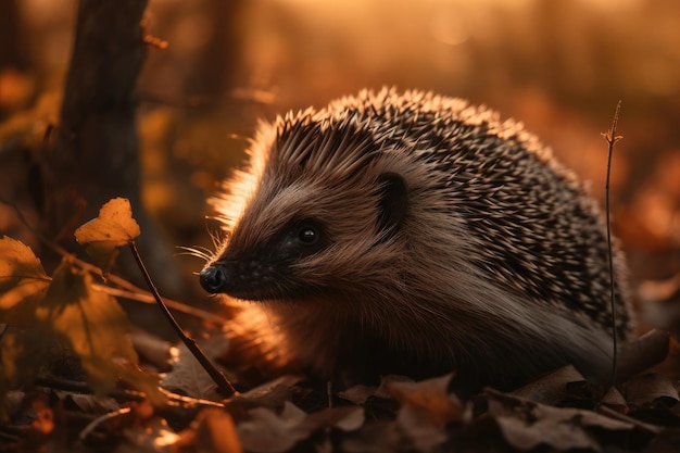 Adorable hedgehog in its natural habitat under the setting sun generative IA