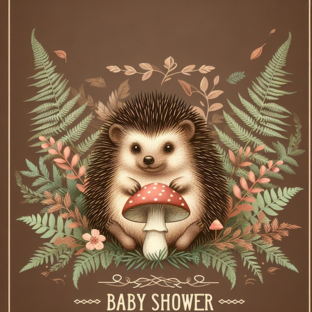 Photo adorable hedgehog surrounded by ferns and flowers perfect for a baby shower celebration