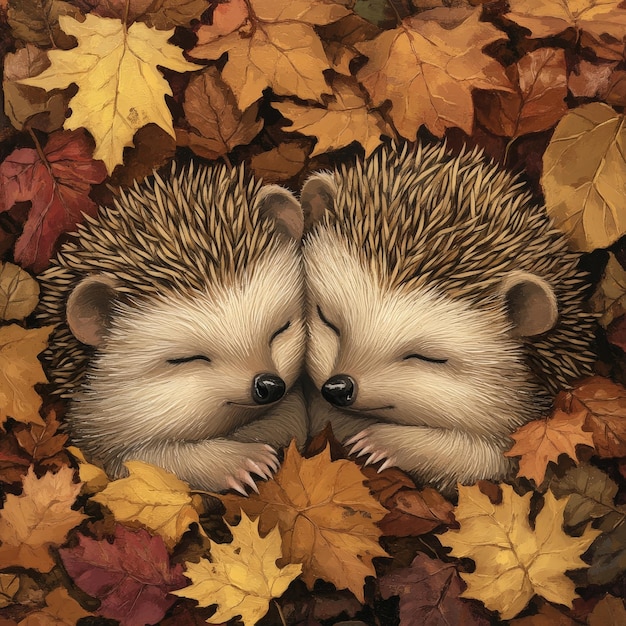 Photo adorable hedgehogs snuggled in colorful autumn leaves cozy rustic scene