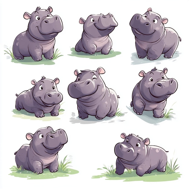 Photo adorable hippopotamus clipart in different poses on a white background