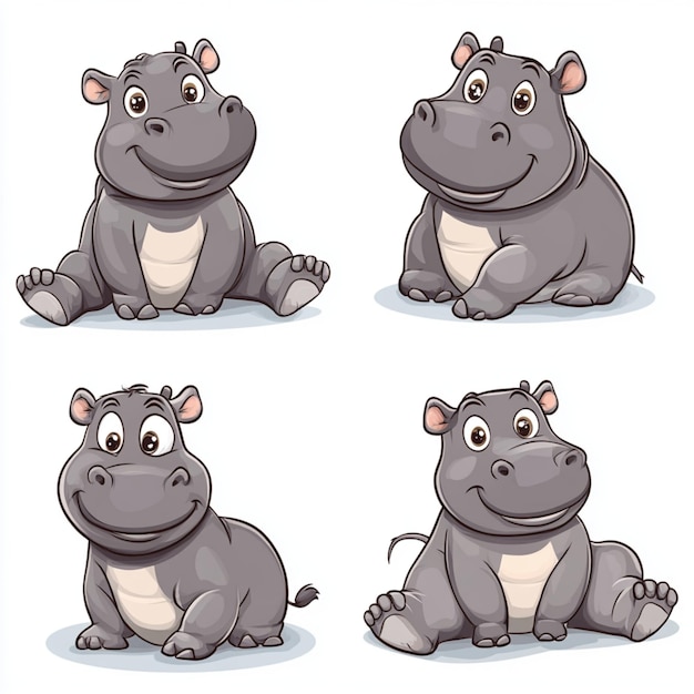 Photo adorable hippopotamus clipart in different poses on a white background